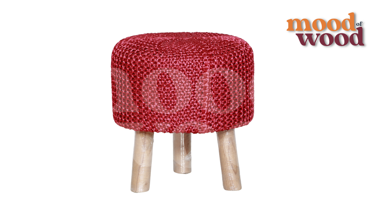 Handwoven Red Pouffe with Wooden Legs