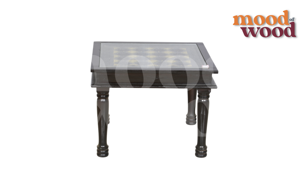 Glass-Top Wooden Coffee Table with Brass Inlay