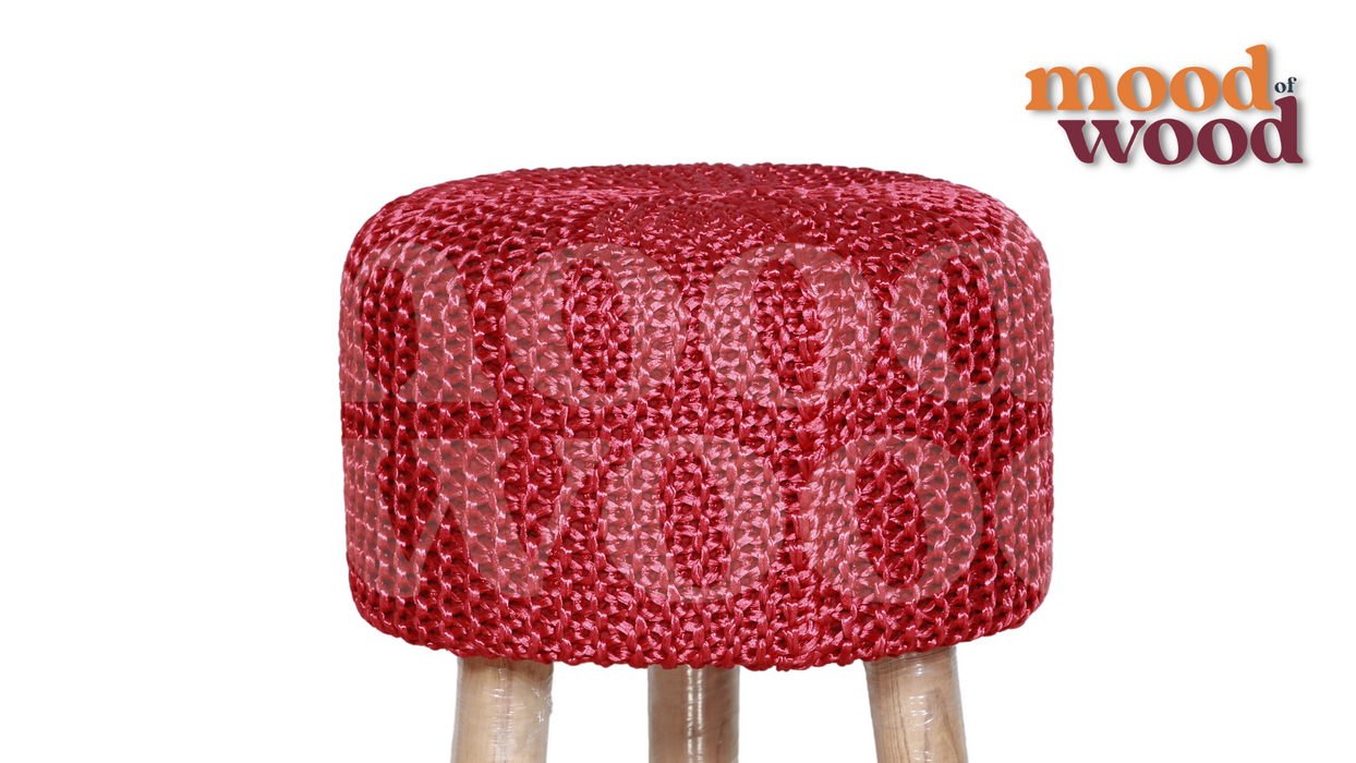 Handwoven Red Pouffe with Wooden Legs