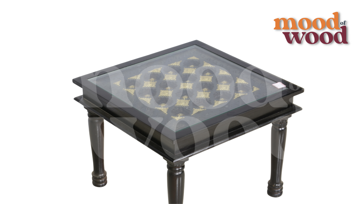 Glass-Top Wooden Coffee Table with Brass Inlay
