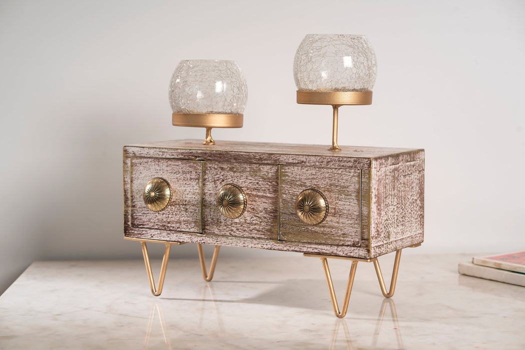 Vintage Wooden Tabletop Candle Holder with Drawers Decor