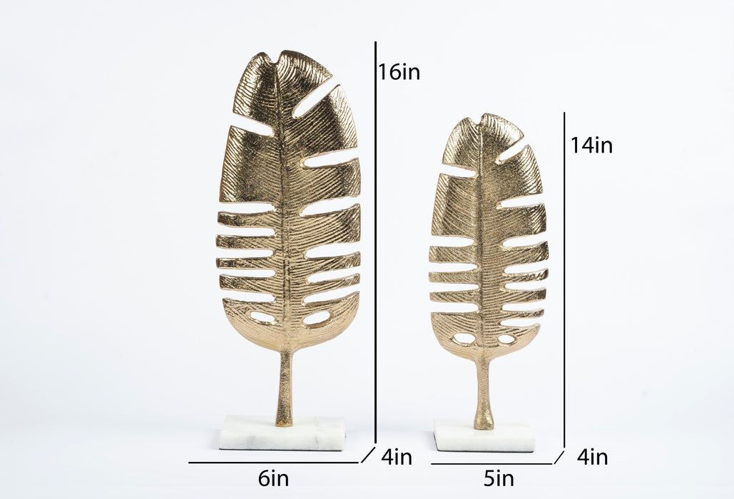Set of 2 Metal Leaf Decorative Sculptures (Gold, Modern Design) Decor