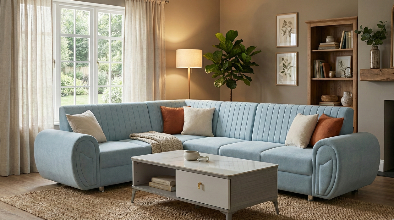 Celestial Sky Blue Velvet Corner Sectional Sofa with Channel Tufting