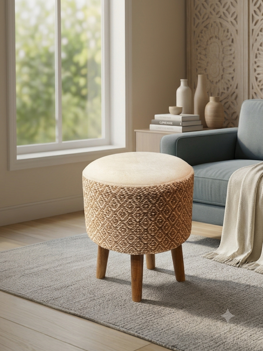 Serene Woven Jute & Cream Velvet Round Ottoman Footstool with Wooden Legs