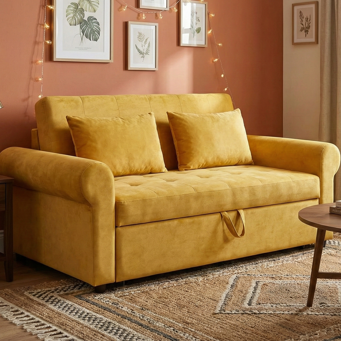 Aurelia Mustard Yellow Velvet Convertible Pull-Out Sofa Bed