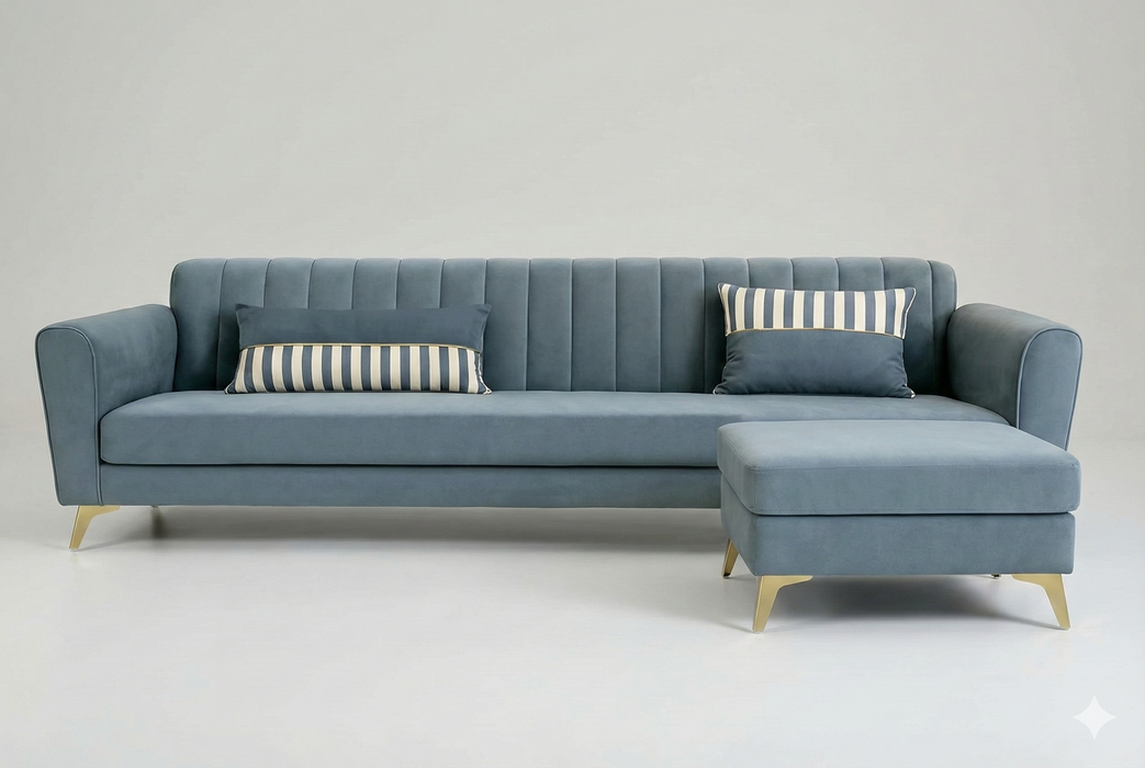 Adorn India Premium Luster 4 Seater L Shape Sofa Set | Velvet Suede Fabric | 3-Year Warranty | Color Grey with Golden Legs & Striped Pattern Cushion