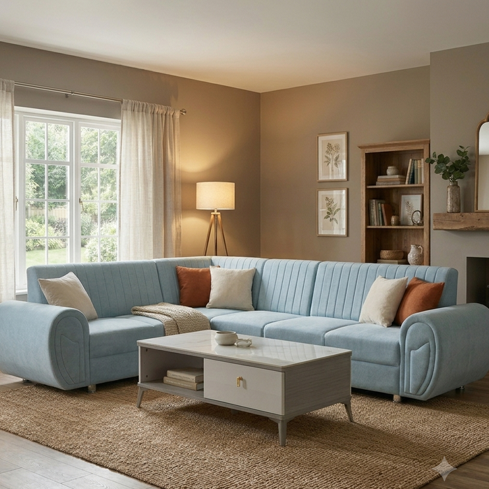 Celestial Sky Blue Velvet Corner Sectional Sofa with Channel Tufting