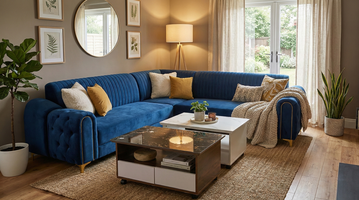 Royal Sapphire Blue Velvet Corner Sectional Sofa with Gold Piping & Channel Tufting