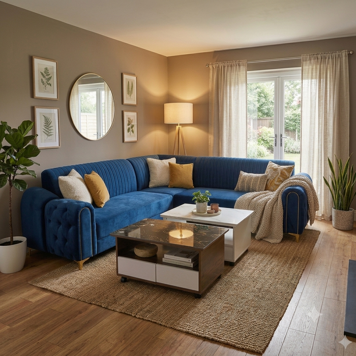Royal Sapphire Blue Velvet Corner Sectional Sofa with Gold Piping & Channel Tufting