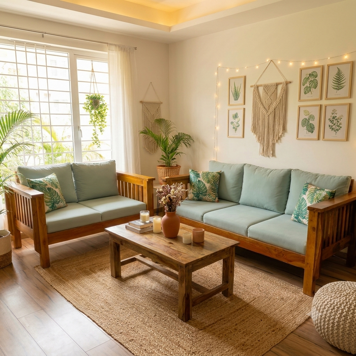 Kaveri Solid Teak Wood Sofa Set with Sage Green Cushions