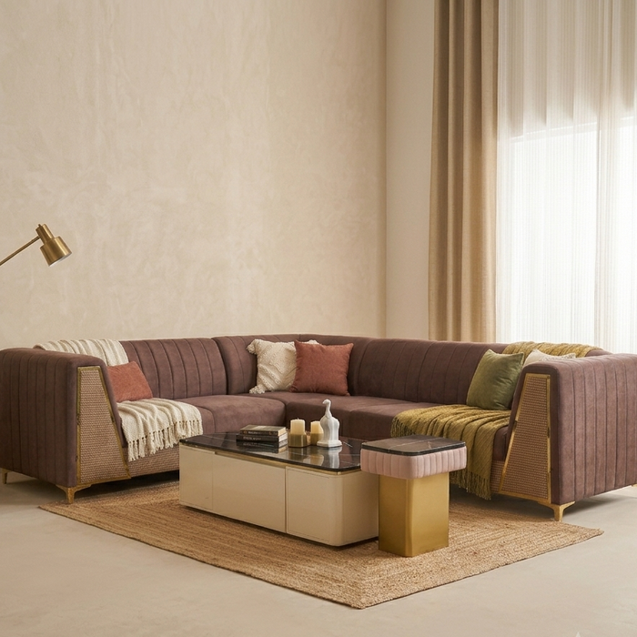Aura Modern Brown Velvet Corner Sectional Sofa with Gold Accent Trim