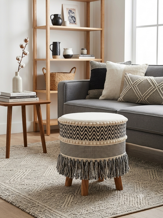Marrakech Boho Geometric Round Ottoman Footstool with Pom-Pom Trim & Fringe