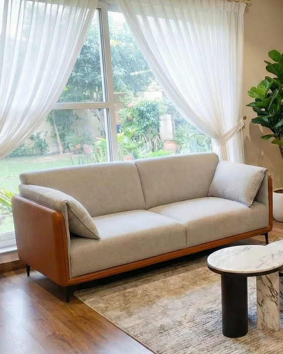 Sienna Dual-Tone Fabric & Cognac Leatherette 3-Seater Sofa