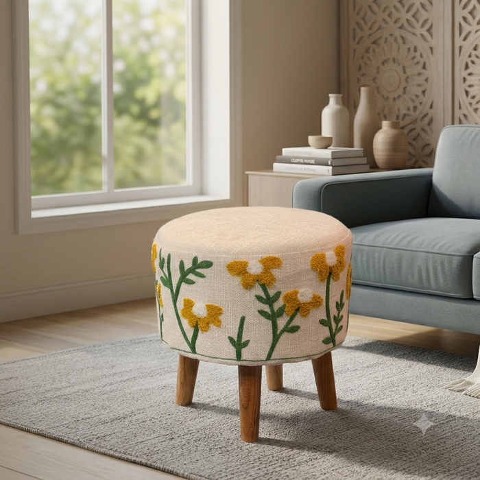 Bloom Embroidered Floral Round Ottoman Footstool with Solid Wooden Legs