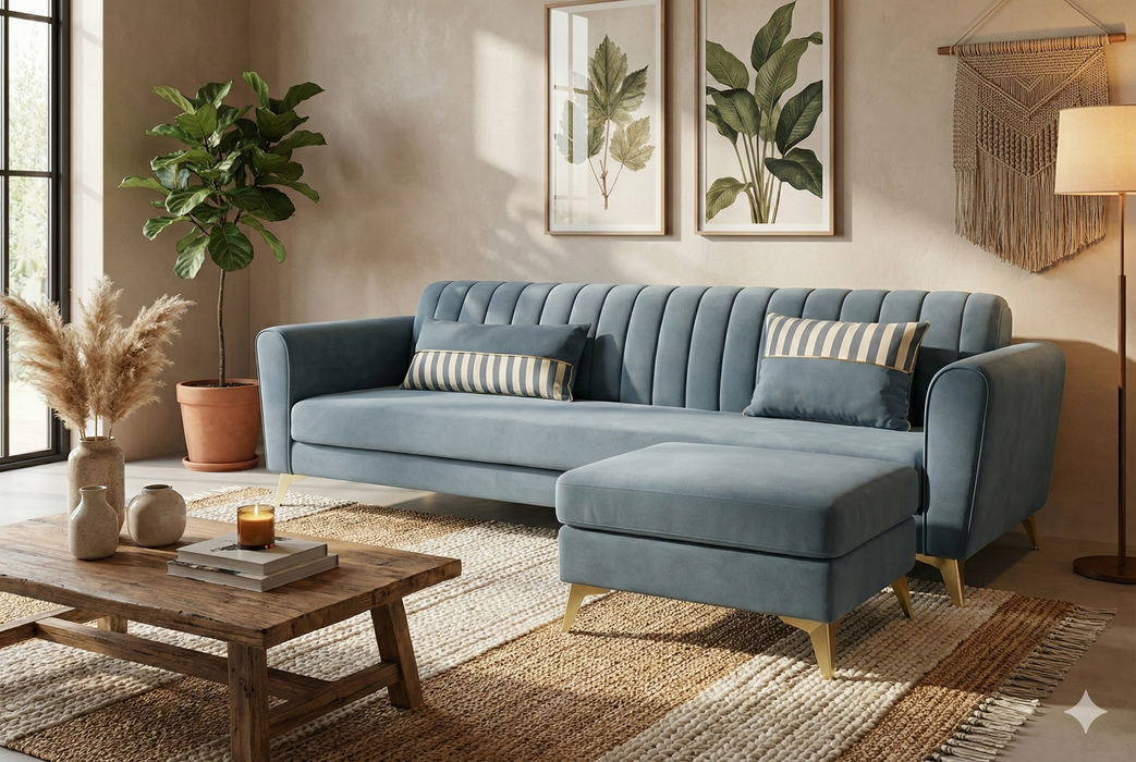 Adorn India Premium Luster 4 Seater L Shape Sofa Set | Velvet Suede Fabric | 3-Year Warranty | Color Grey with Golden Legs & Striped Pattern Cushion