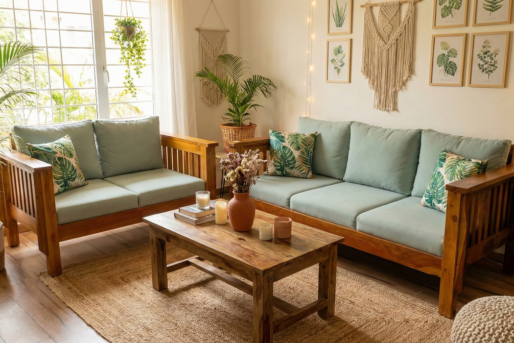 Kaveri Solid Teak Wood Sofa Set with Sage Green Cushions