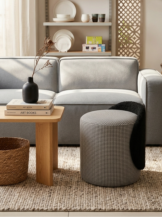 Eclipse Houndstooth Patterned Round Ottoman Stool with Black Bouclé Crescent Accent