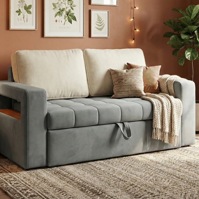 Haven Slate Grey & Cream Velvet Convertible Pull-Out Sofa Bed with Built-In Armrest Storage