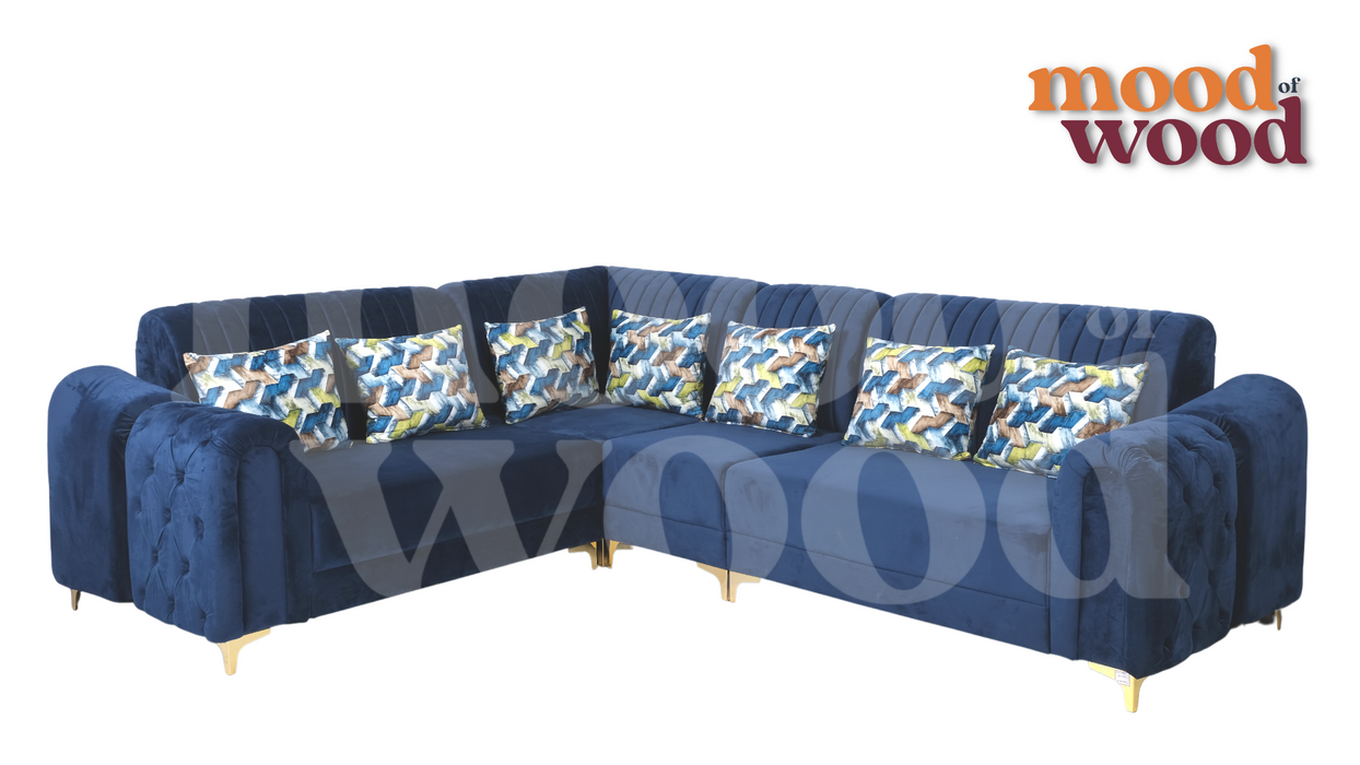 7 Seater L Shape Corner Sofa Set In Deep Blue Colour By Mood Of Wood