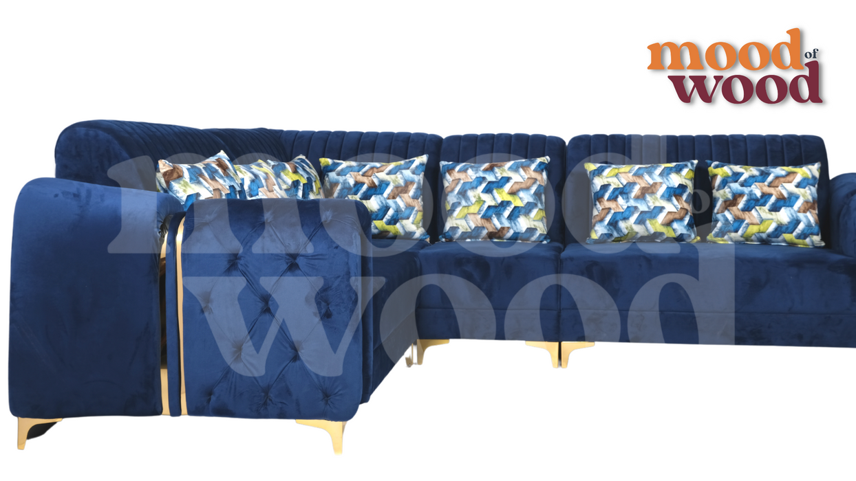 7 Seater L Shape Corner Sofa Set In Deep Blue Colour By Mood Of Wood