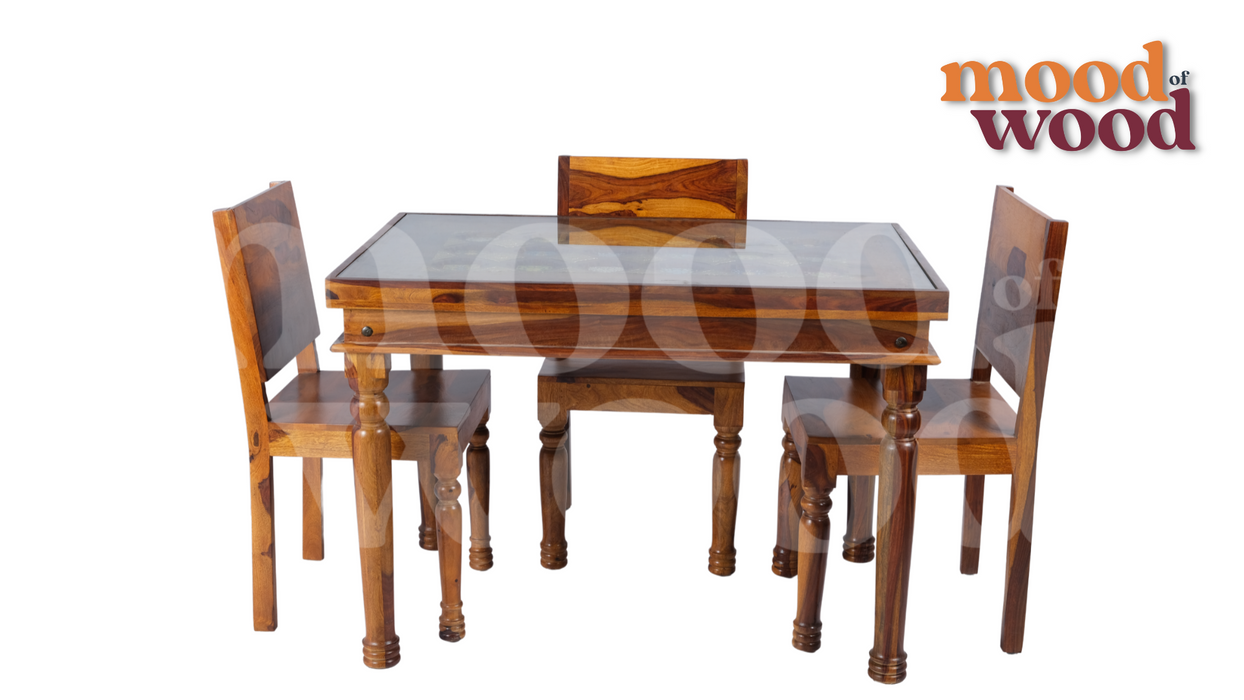 4 Seater Royal Dining Set Glass Surface with Rajwadi Work By Mood Of Wood