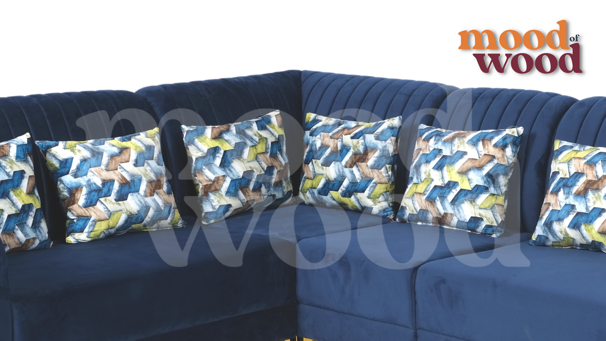 7 Seater L Shape Corner Sofa Set In Deep Blue Colour By Mood Of Wood