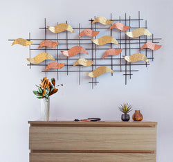 Bring style to your wall space! The Large Modern Abstract Wall Décor features metal lines, hand painted metal leaves. Its abstract design makes it a striking piece in a modern or contemporary home. Place it in any room for instant personality. Attached V shape hook makes hanging it easy and convenient. Product may have some variances in comparison to photo shown.