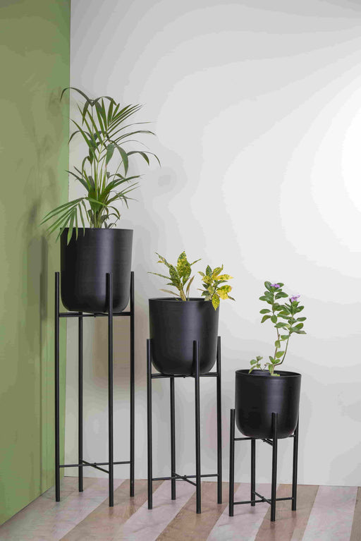 Bring a taste of the green outdoors into the comfort of your own home with just the addition of some fresh plants. Use this modern inspired pot planter to grow your favorite flower, cactus, herb and more. It features a geometric stand, that allows this piece to be placed on the ground next to a desk, fireplace, or seating arrangement. The planter itself is crafted from galvanized metal.